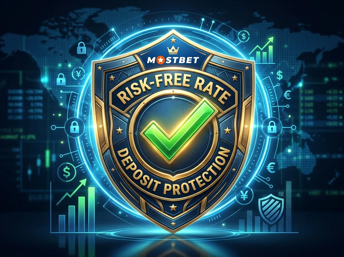 Щит с галочкой — символ безрисковой ставки и защиты депозита в Mostbet