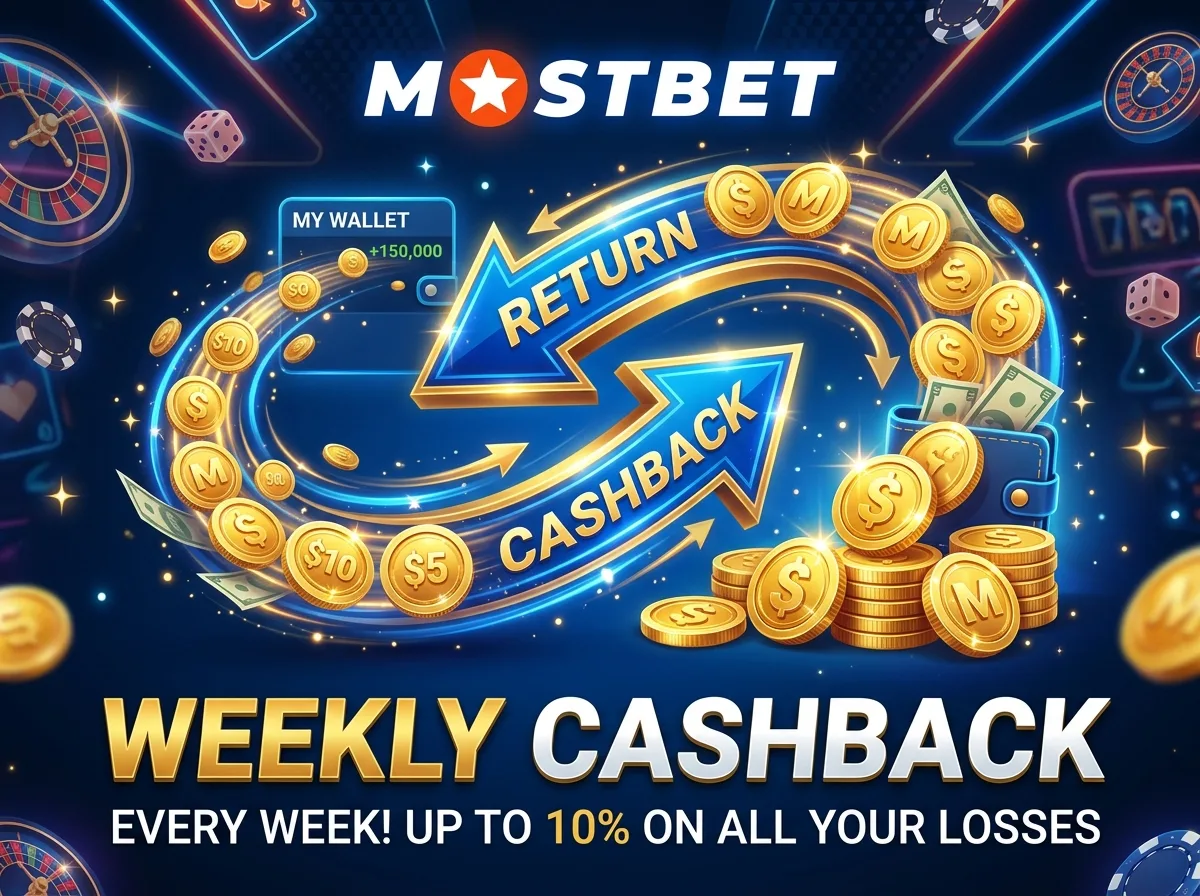 Стрелки возврата с монетами — символ еженедельного кэшбэка в казино Mostbet